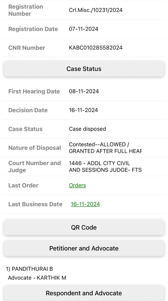 Court portal showing bail granted in Crl.Misc. 10231/2024