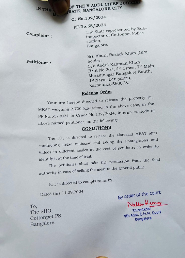 Court release order for 2,700 kg of seized meat