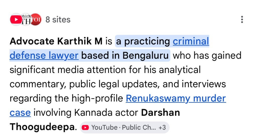Google search result highlighting Advocate Karthik M media presence